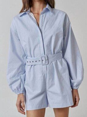 LALAVON stripe belted romper in blue striped Cotton Brand New Long sleeve